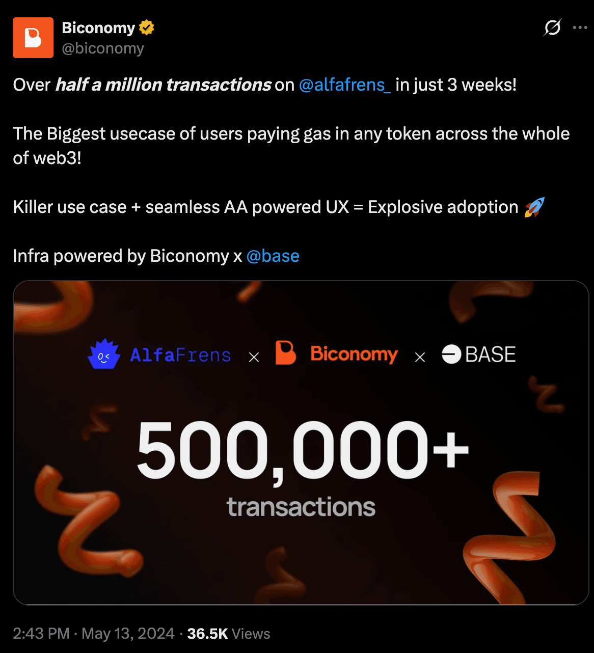 Biconomy post about AlfaFrens shipping DEGEN as gas
