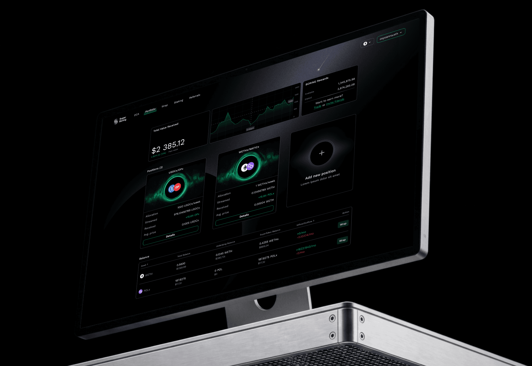 SuperBoring app: DCA dashboard against a black-hole backdrop