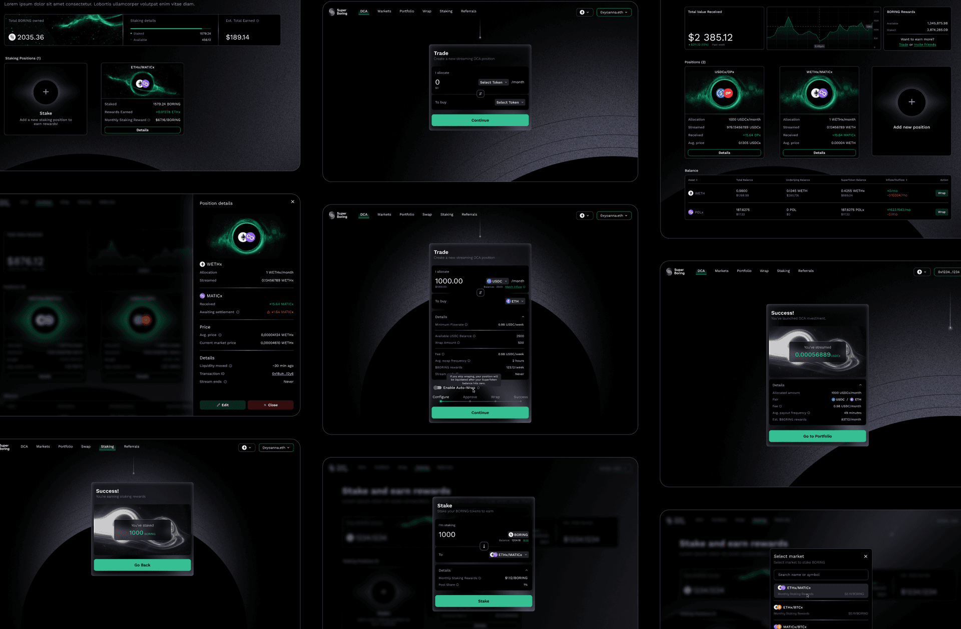 SuperBoring final collage: DCA dashboard, market view, $BORING stake screen, and transaction history on the black-hole backdrop.