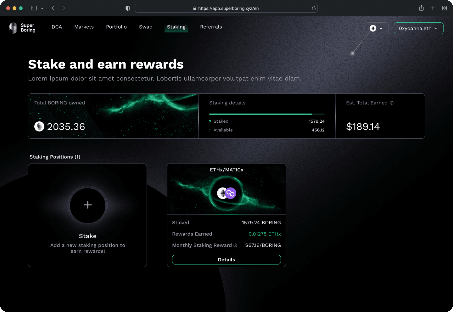 Staking portfolio: all positions per market.