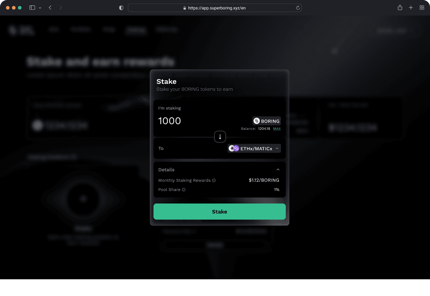 Staking modal: user defines staking amount and selects market.