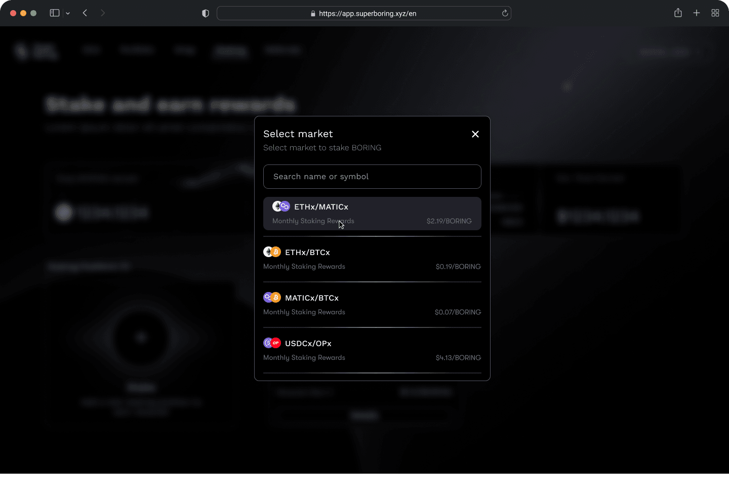Select market modal: all available markets with $BORING rewards per dollar spent.