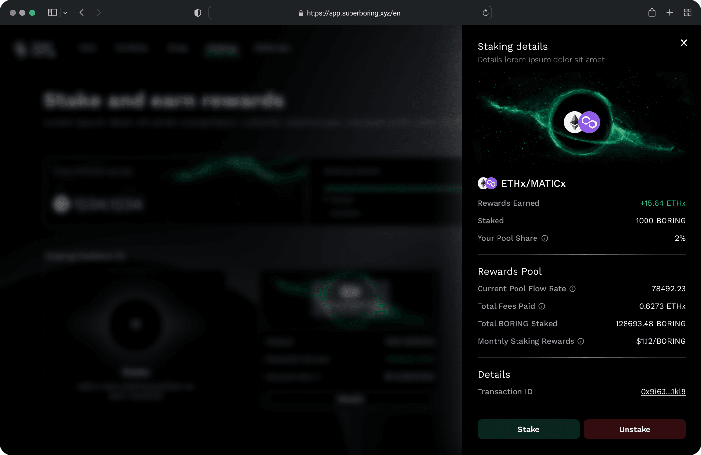 Details page with rewards per staking position.