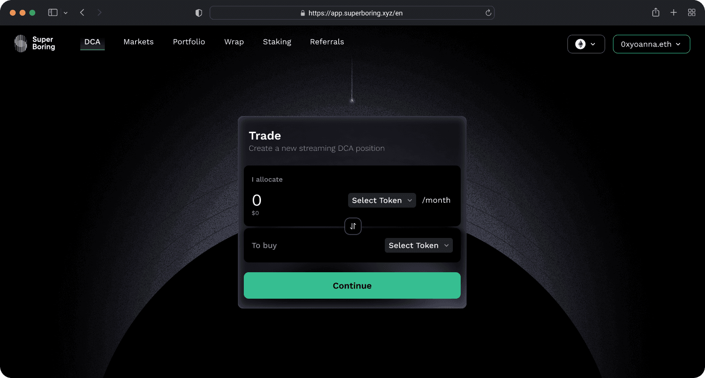 Empty state. User selects only tokens to DCA.
