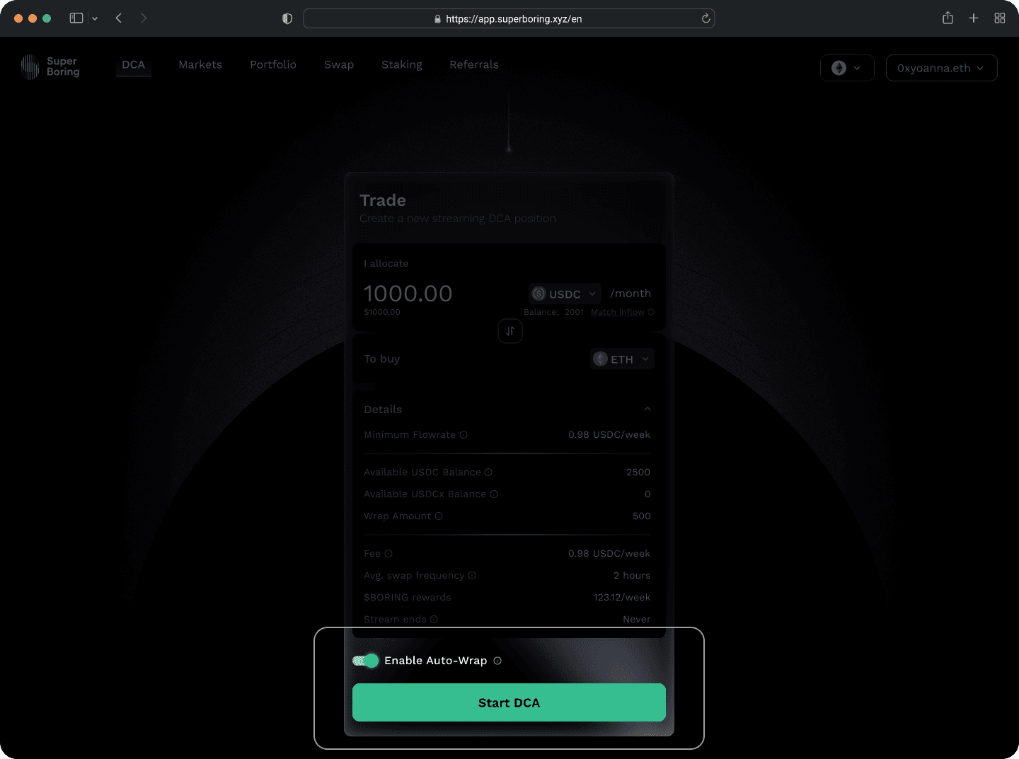 Auto-Wrap enabled: one approval per token forever. SuperBoring covers gas for the wrap.