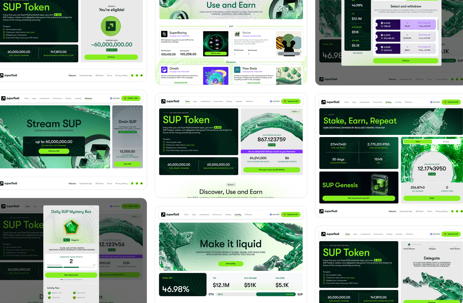 Claim app screen collage: dashboard, withdraw comparator, campaigns grid, and governance/delegate views.
