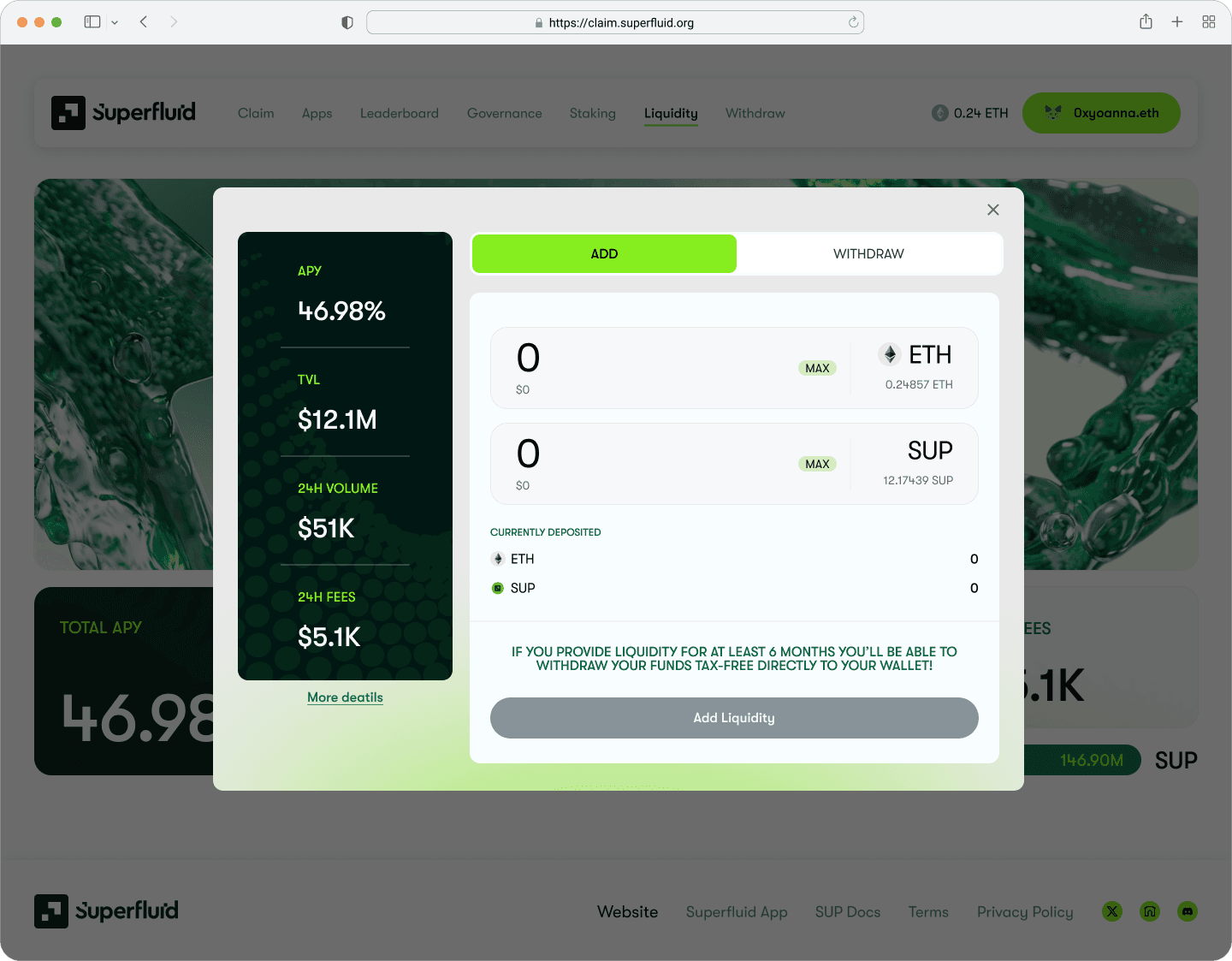 Deposit modal with amount input and wallet balance.