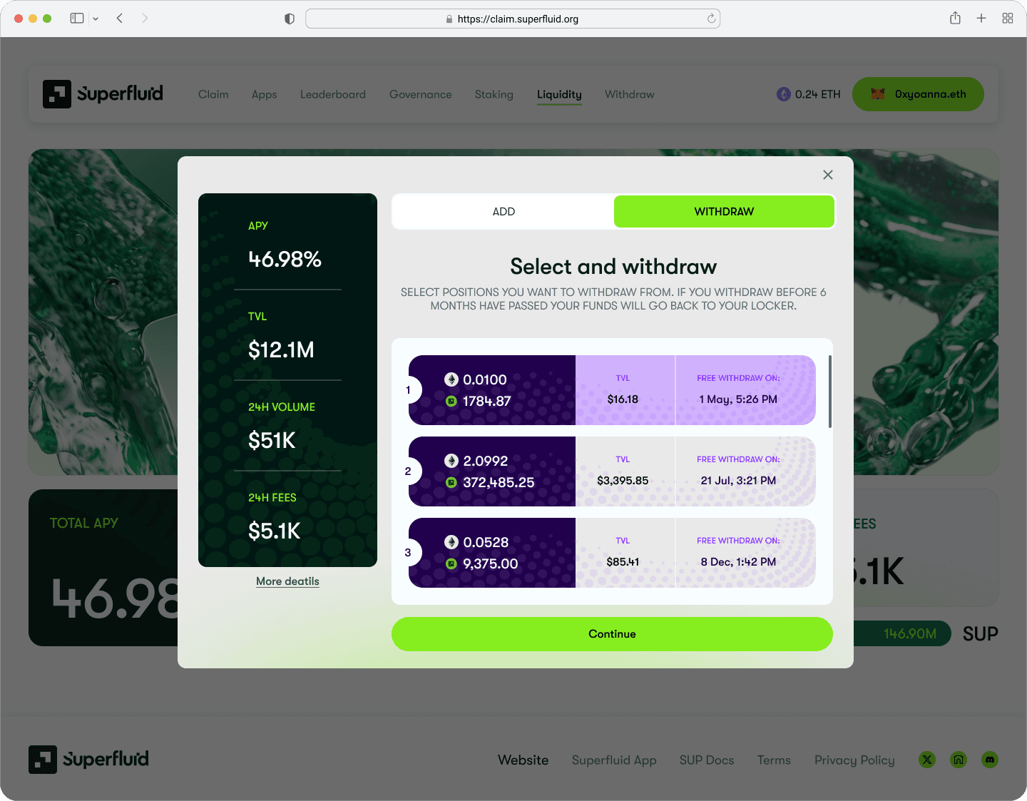 Withdraw modal with active positions, TVL and free-withdraw date.